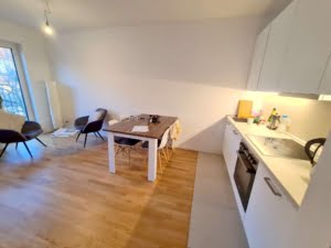 VERMIETET! Schickes 1-Zimmer Apartment (Neubau 2020) mit Balkon, Parkett, EBK – zentr. Ostend Lage