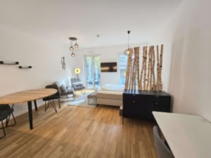 VERMIETET! Neubau 2020 – Ab 15.10.24 schick möbliertes 1-Zimmer Apt mit Balkon & Parkettboden- zentrOstend Lage