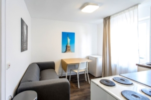 Möbliertes Wohnen auf Zeit! Modern möbliertes 1-Zimmer-Apartment mit Wohnküche – direkt im Ostend – nahe der EZB