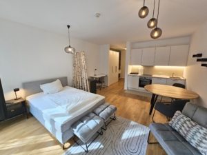 Möbliertes Wohnen auf Zeit! Neubau 2020 – Schick möbliertes 1-Zimmer Apartment mit Balkon & Parkettboden- zentrale Ostend Lage